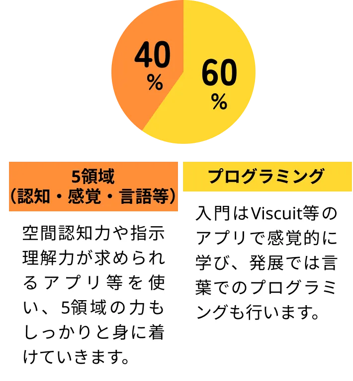 カリキュラム比率|5領域（認知・感覚・言語等）：空間認知力や指示理解力が求められるアプリ等を使い、5領域の力もしっかりと身に着けていきます。|プログラミング：入門はViscuit等のアプリで感覚的に学び、発展では言葉でのプログラミングも行います。